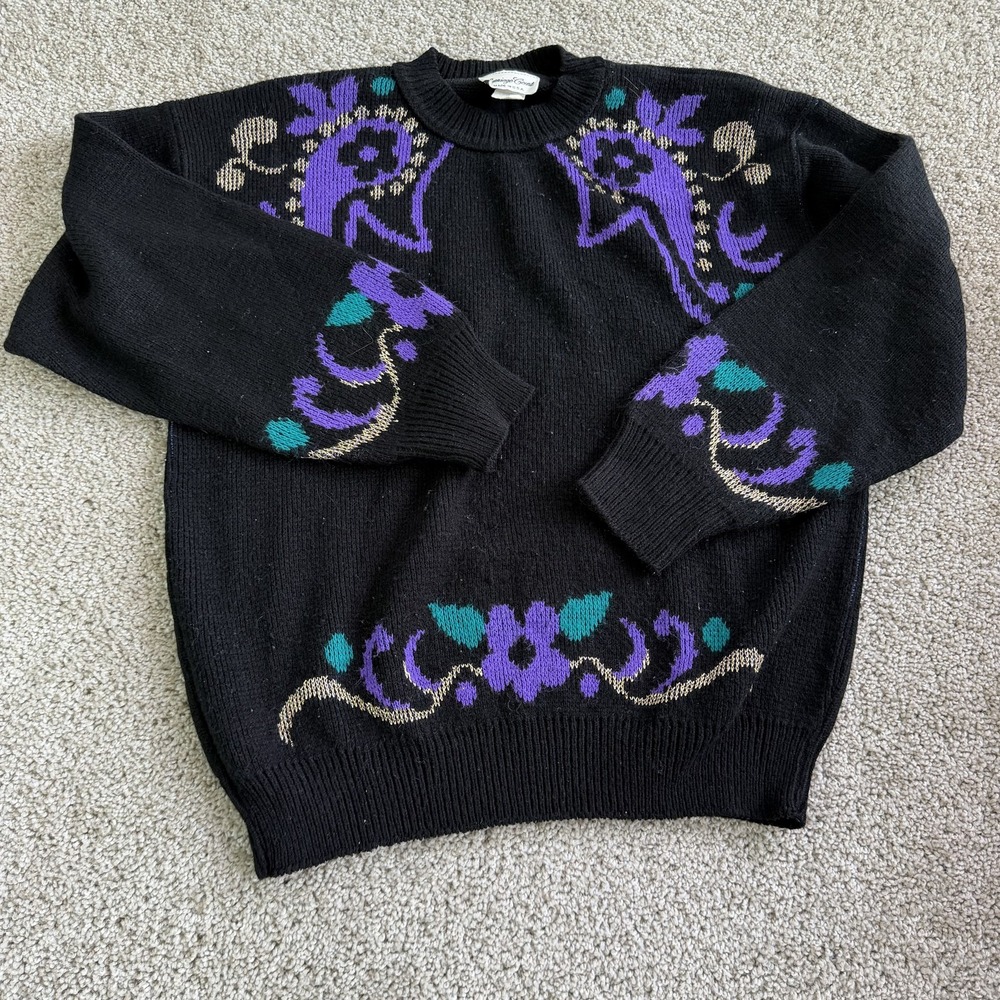 Vintage Carriage Court Sweater Womens L Black Floral Knit Long Sleeve Pullover